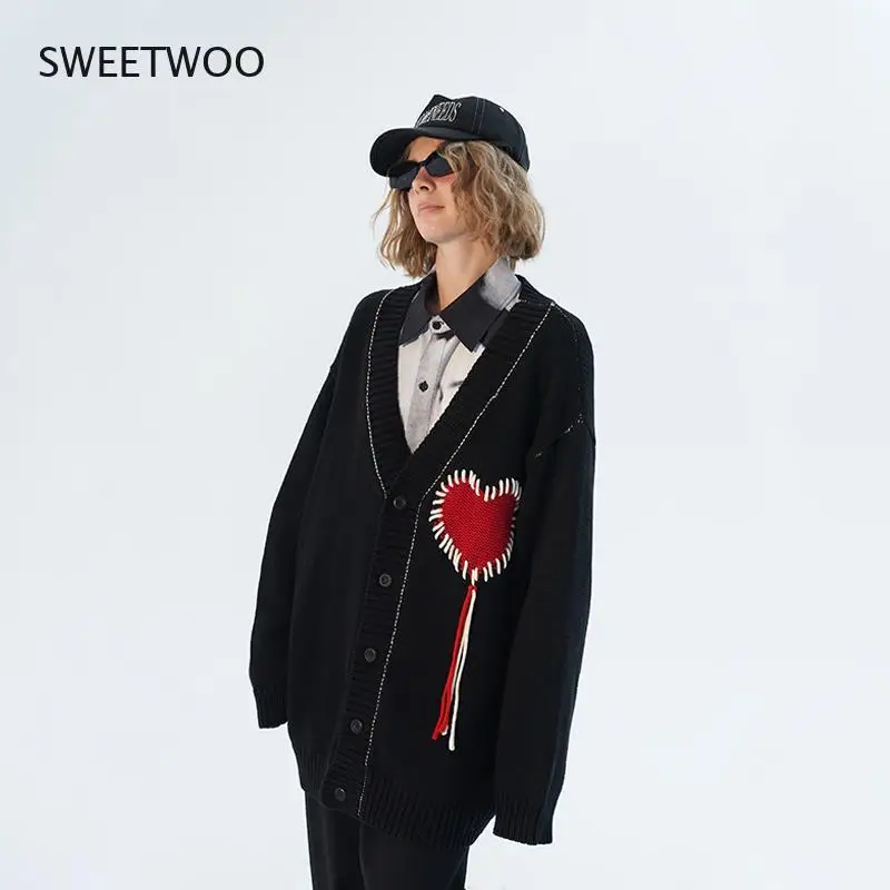 

Gothic Heart Cardigan Sweater For Women Harajuku Emo Embroidery Black Knitted Jumper Female Vintage Long Sleeve Jackets