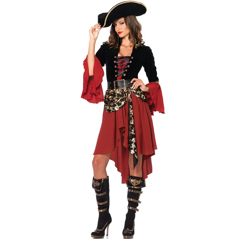 

Halloween Female Caribbean Pirates Captain Costume Halloween Role Playing Cosplay Suit Medoeval Gothic Fancy Woman Dress