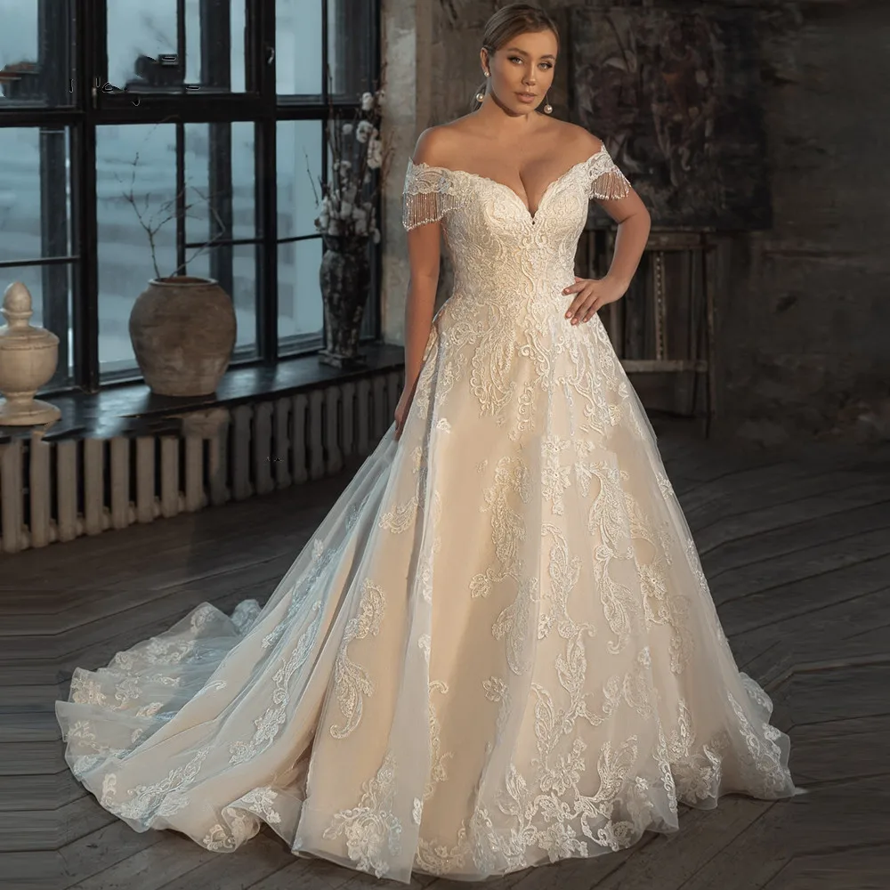 

Off-shoulder Wedding Dresses 2023 Plus Size Beading Ball Gown Bride Dress Lace Appliqued Corset Bridal Gown abito da sposa