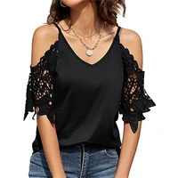 new sexy lace sleeve v neck top womens summer fashion solid color loose casual half sleeve vintage party pullover sling t shirt