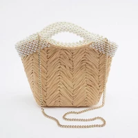 fashion pearls women straw handbags designer paper woven basket bag handmade shoulder crossbody bags summer beach large tote bag