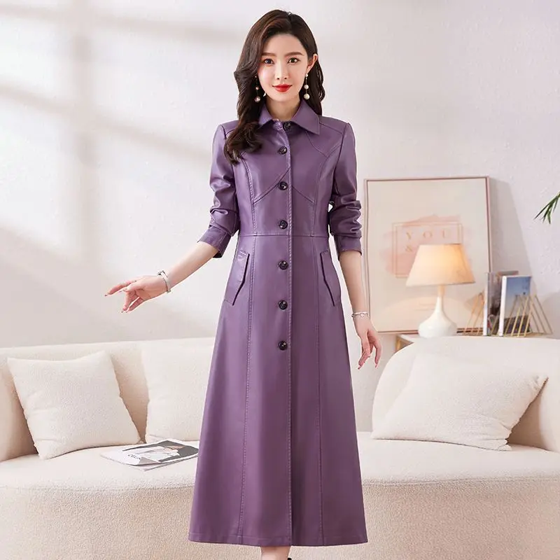 Новая осенняя длинная кожаная куртка больших размеров женская зимняя ветровка