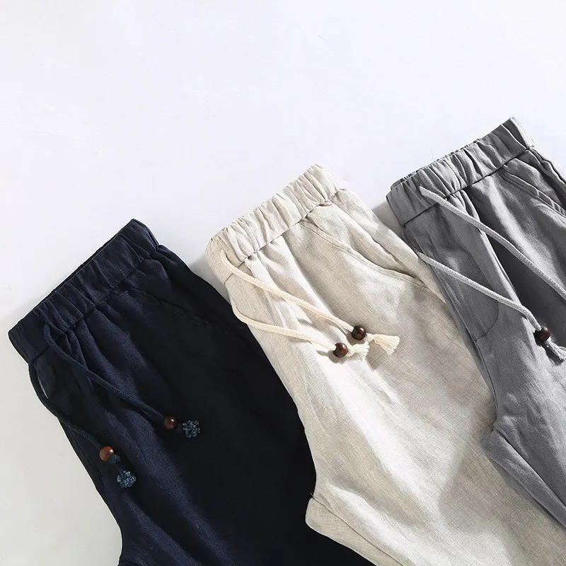

Solid color Linen Pants Men's Summer Trousers Casual All-match Nine-point Pencil Pants Chinese Style Loose Pants D3001