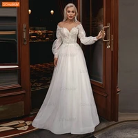 fashion white wedding dress long puff sleeves vestido de noiva princesa appliqued beading bride dresses customized suknia slubna