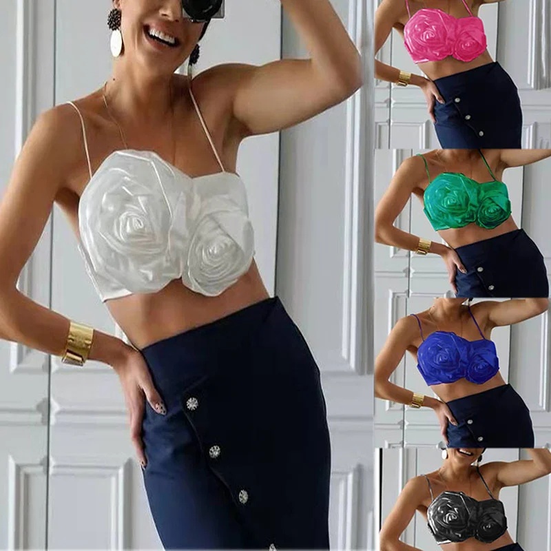 

2022 White Floral Spaghetti Strap Women Crop Top Backless Summer Elegant Tank Tops Sexy Fashion Casual Sleeveless