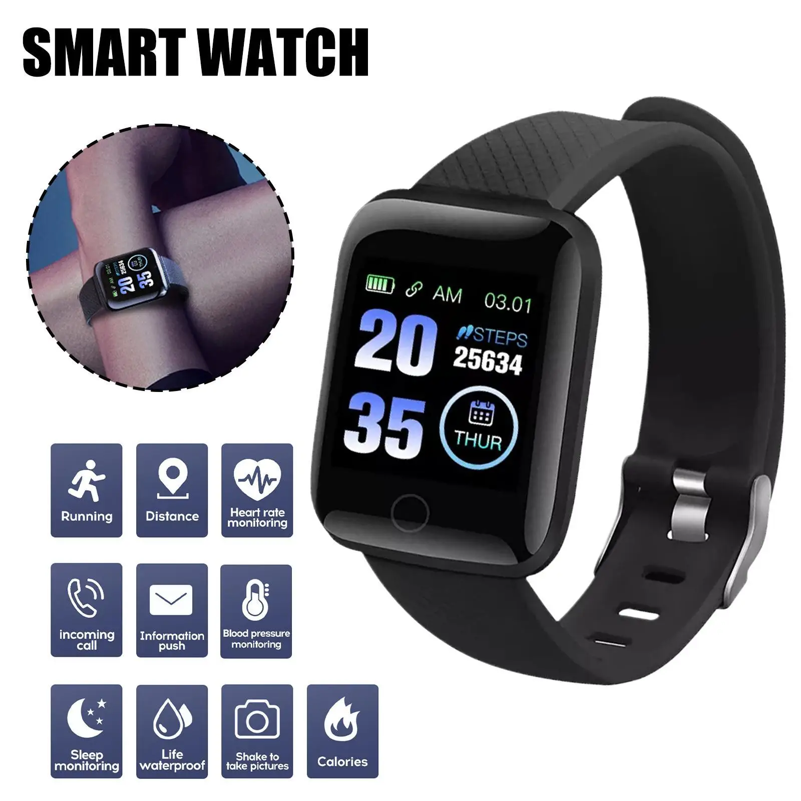 

116Plus Bluetooth Smartwatch Smart Bracelet Wristbands D13 Heart Rate Blood Pressure Pedometer Fitness Smart Watch 116 Plus