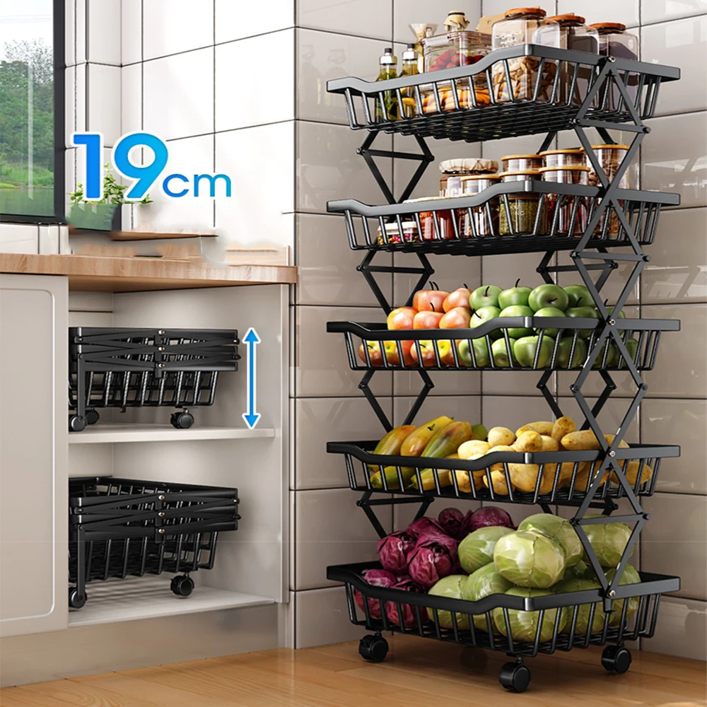 

Vegetable 5 Stainless Tier With Basket Shelf Wheels Fruit 360 Shelf Rack Floor Swivel Steel Foldable Kitchen Storage Degree