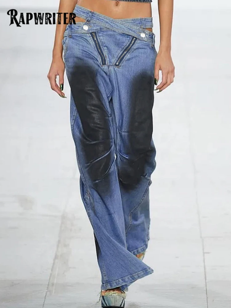 

Rapwriter Retro Aesthetics Harajuku Jeans Woman Waist Cut Out Straight Contrast Design Zipper Denim Trouser Chic Korean Fashion