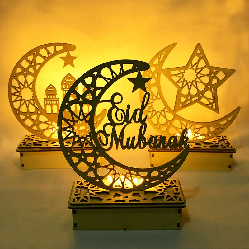 

Moon Wooden Craft Led Candle Light Table Ornaments Eid Mubarak Decorations Islam Muslim Ramadan Kareem Party Decor Supplies