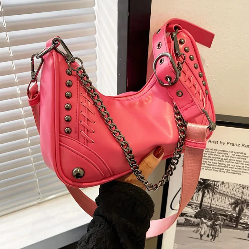 

Punk Rivet PU Women's Bag 2022 Trend Fashion Rock Street Crossbody Shoulder Bags Female Y2k Chains Summer Bolso Mujer