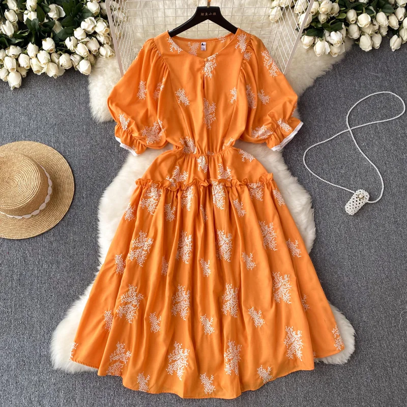 

French Short Puff Sleeve A-line Dress 2023 New Fashion Women Sweet Wood Ear Slim Fit Print Holiday Casual Clothes Vestidos K888