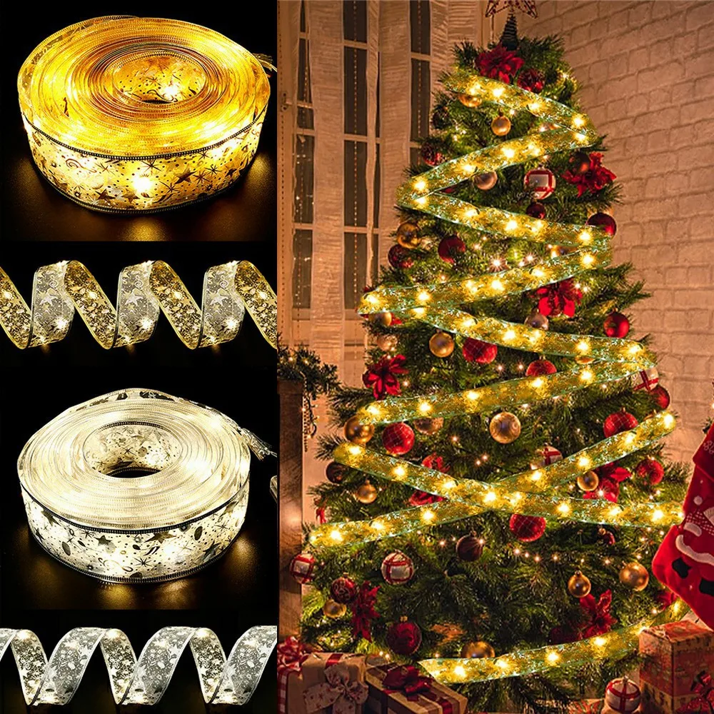 

50/100 LED Ribbon String Lights Christmas Tree Decoration Led Ribbon Bows Light Christmas New Year Ribbon Lights Home Decor