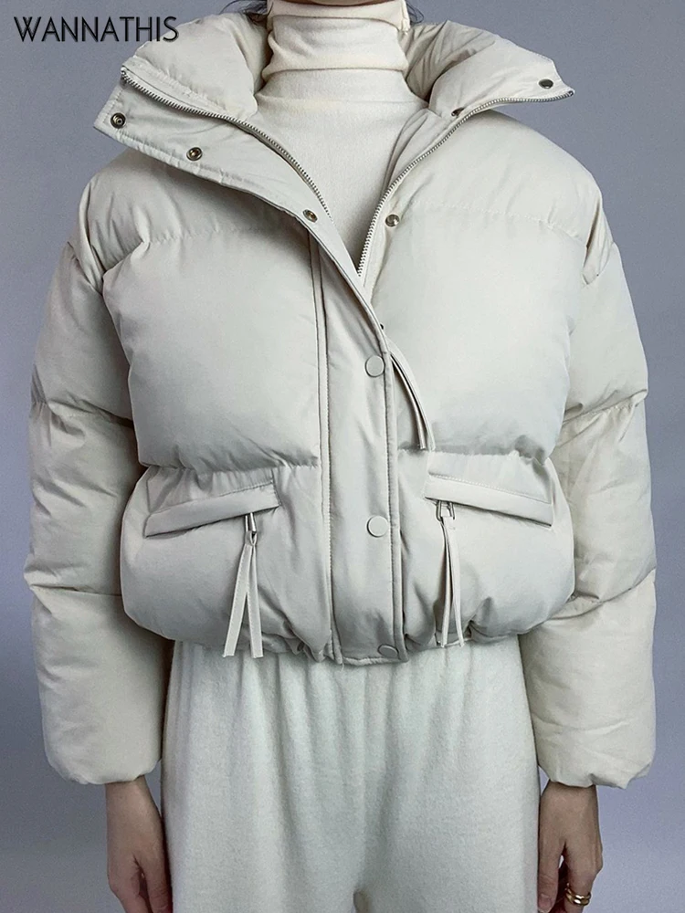 

WannaThis Solid Warm Crop Jacket Women 2022 Fashion Zipper Casual Autumn Winter Stand Collar Pocket Cotton Streetwear Down Coats