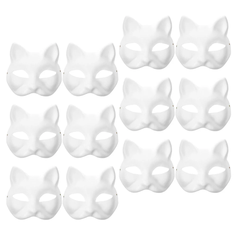 

12 Pcs Cat Face Mask Masquerade Masks Women Cosplay Costumes Suite Halloween White DIY Party Paper Supplies Blank Crafts