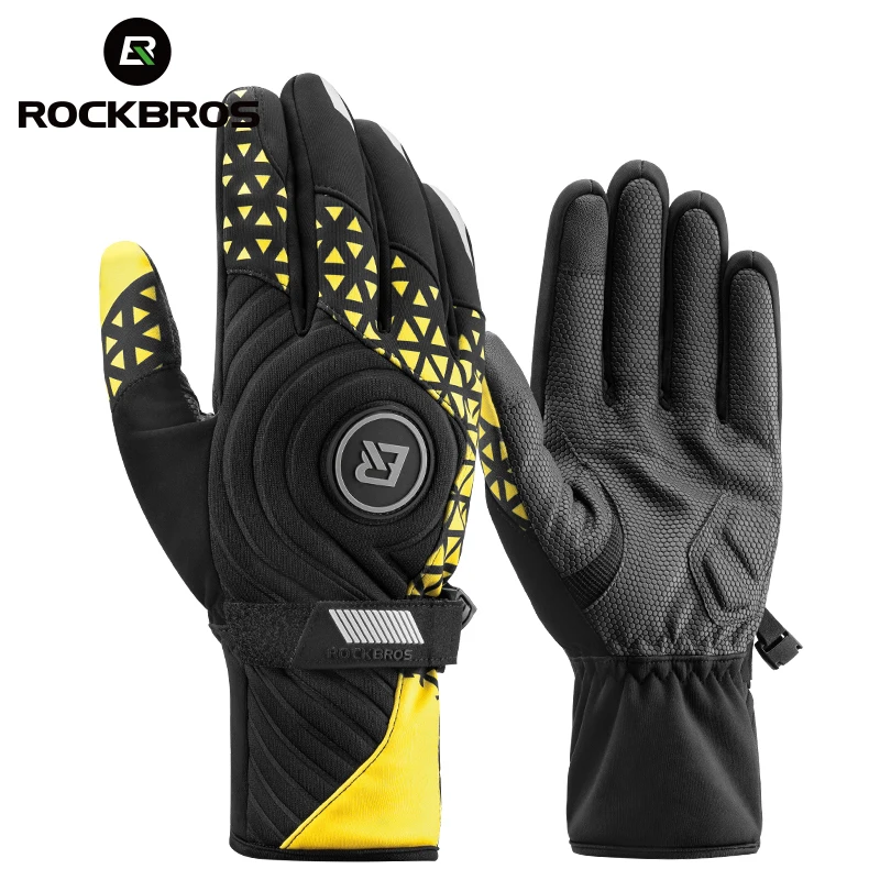 

ROCKBROS Winter Bicycle Gloves Windproof Pad Shockproof Fleece Warm Bike Gloves Reflective Motorcycle Cycling Full Finger Gloves