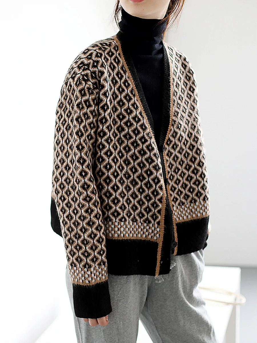 

Autumn Winter Women Long Sleeve Argyle Cardigan Vintage Knitted Coat Female Large Size Single Breasted V Neck Lazy Loose Sweater