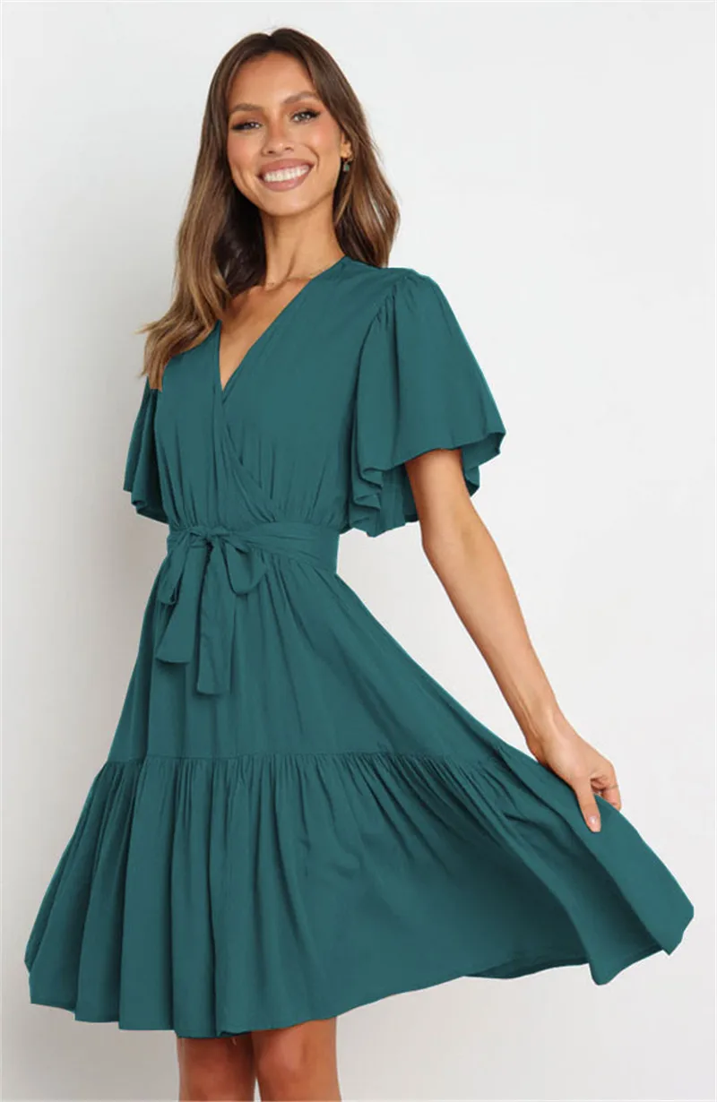 

Women's Dress Casual Short Sleeves 2022 Beach Dresses Women's Summer Holiday Rayon V-Neck Short Sleeve Waist Dresses 7A006