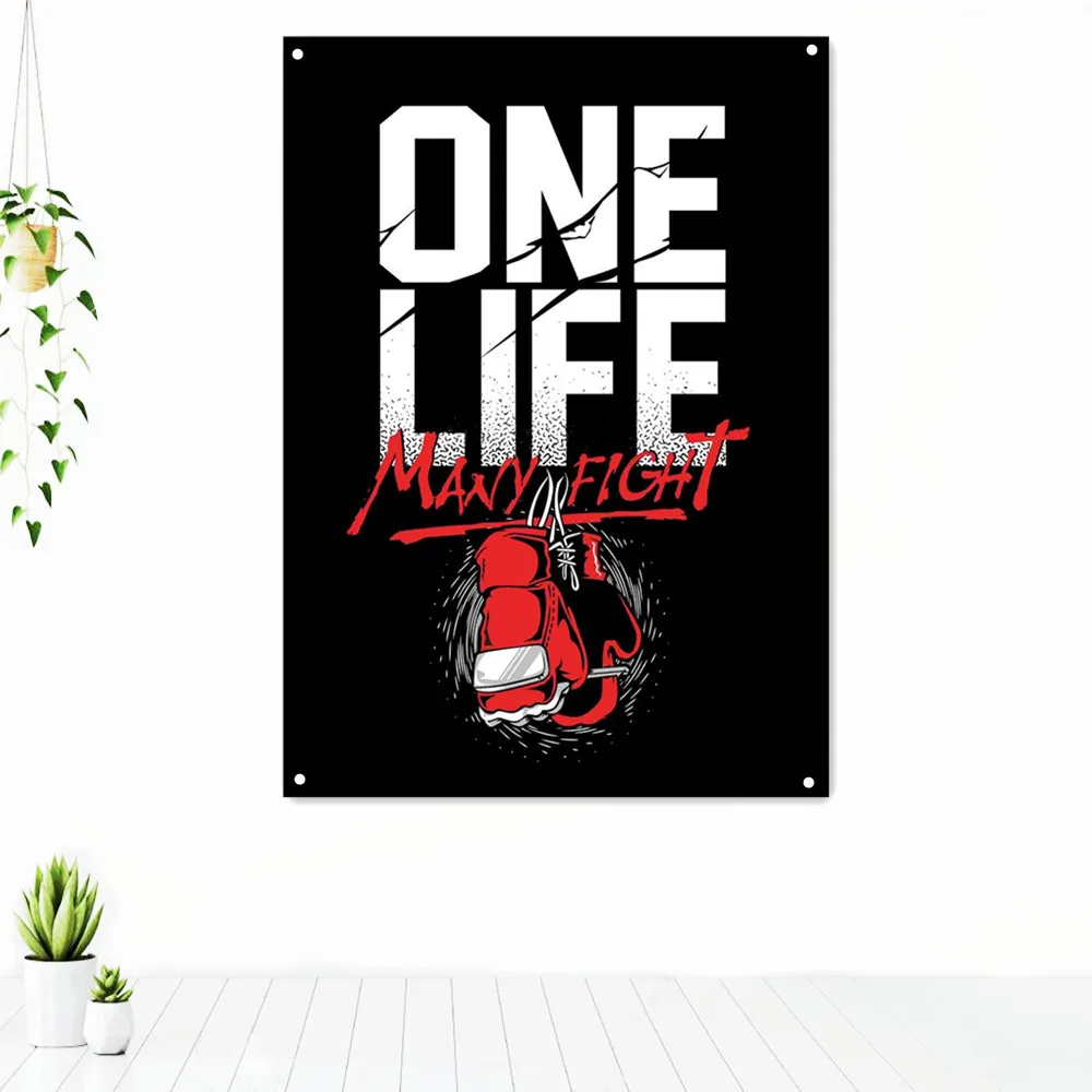 

ONE LIFE MANY FIGHT Workout Motivational Poster Tapestry Wall Art Fitness Bodybuilding Exercise Banner Flag Stickers Gym Decor