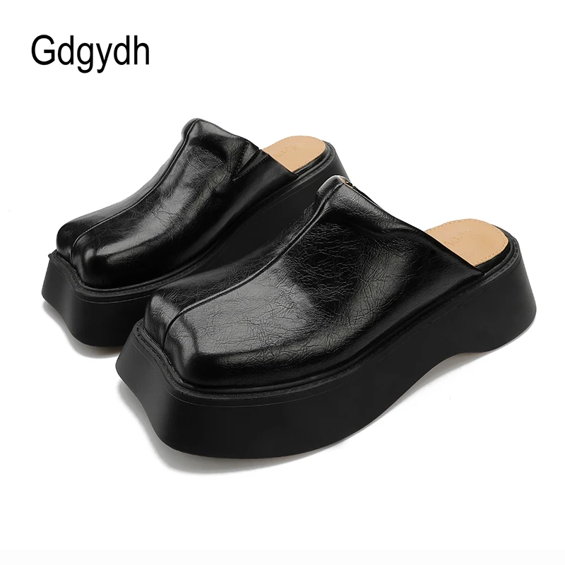 Gdgydh Japanese Style Women's Platform Mules Retro Clogs Closed Toe Slip On Sandals Backless Vegan Leather Flatform Shoes