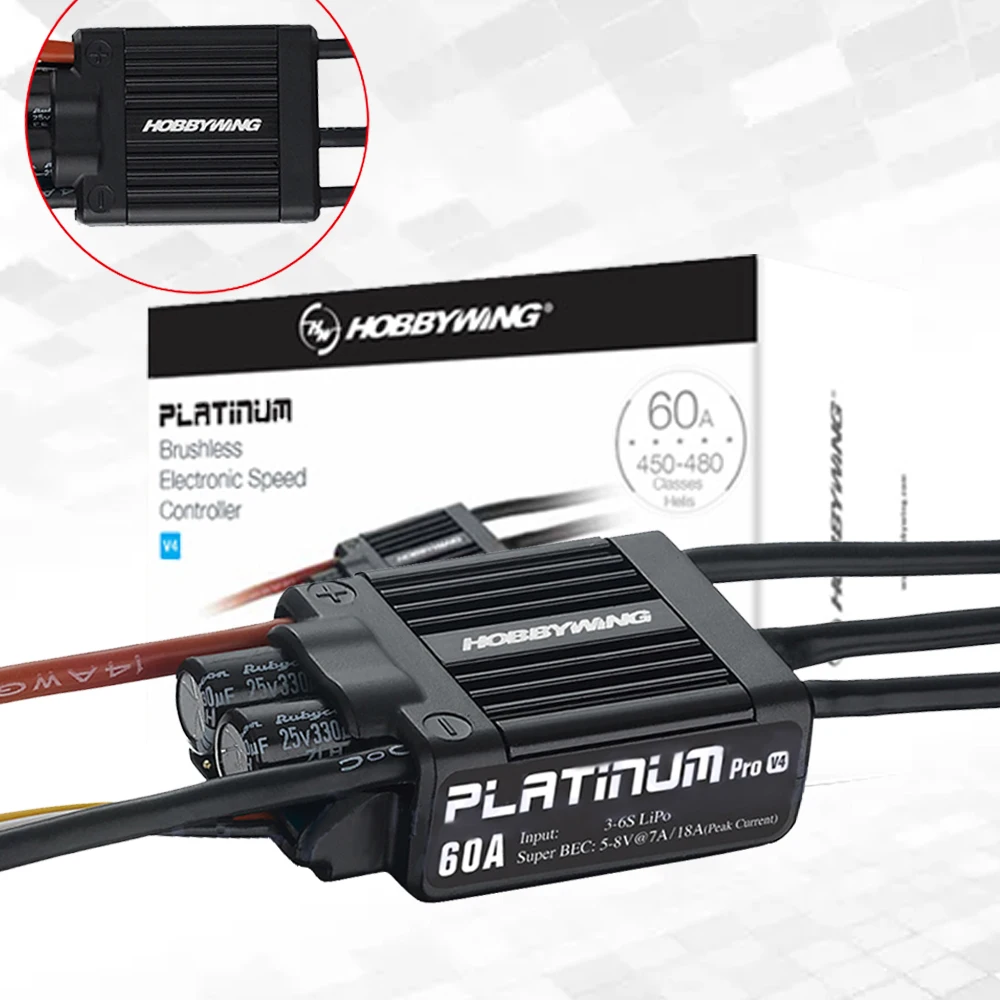 

HobbyWing (3S-6S) Platinum PRO 60A ESC V4 Built-in Adjustable BEC 5V-8V for 450-480 Class Heli (Propeller: 325-360mm)