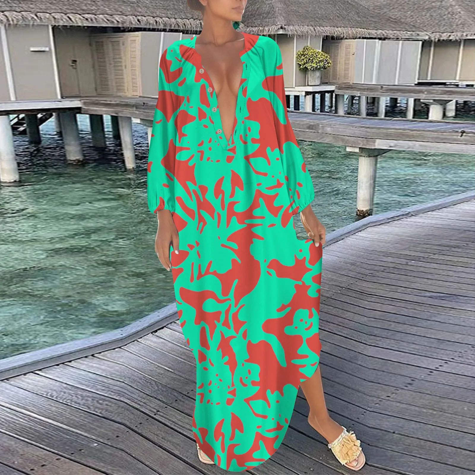 

Женское винтажное платье макси с принтом, длинное пляжное платье с глубоким V-образным вырезом и длинным рукавом, элегантная накидка в стиле бохо, лето 2023