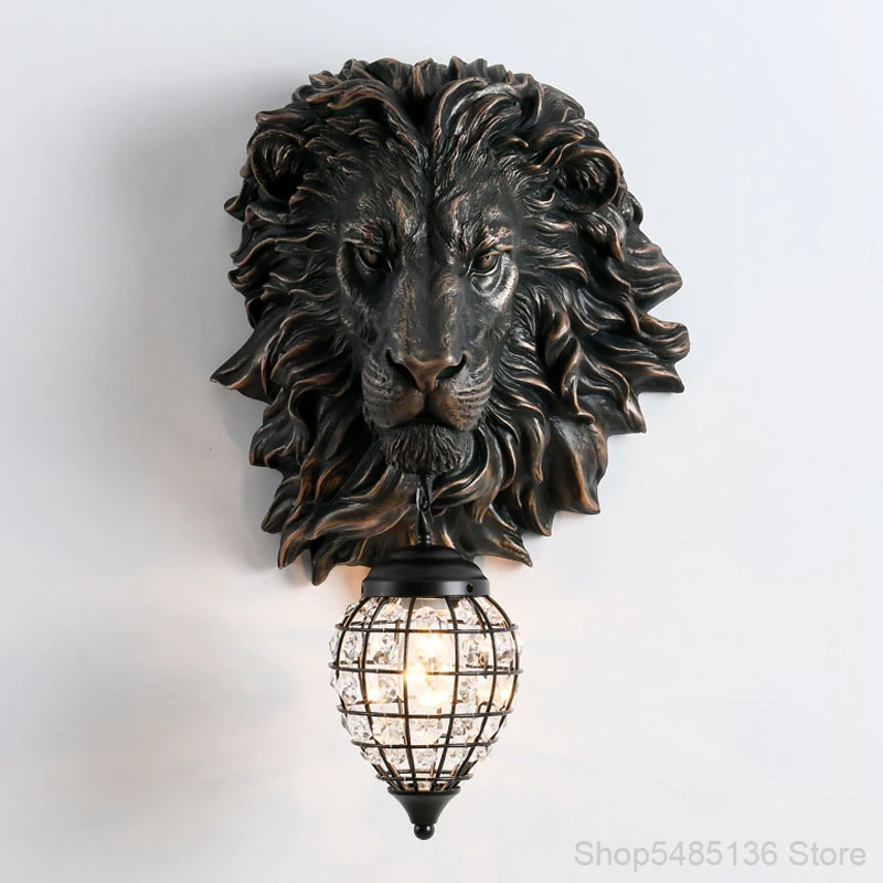 Lion Head Wall Lamps Living Room Restaurant Wall Sconce Crystal Resin Animal Led Wall Light Bedroom Home Decor Indoor Lighting