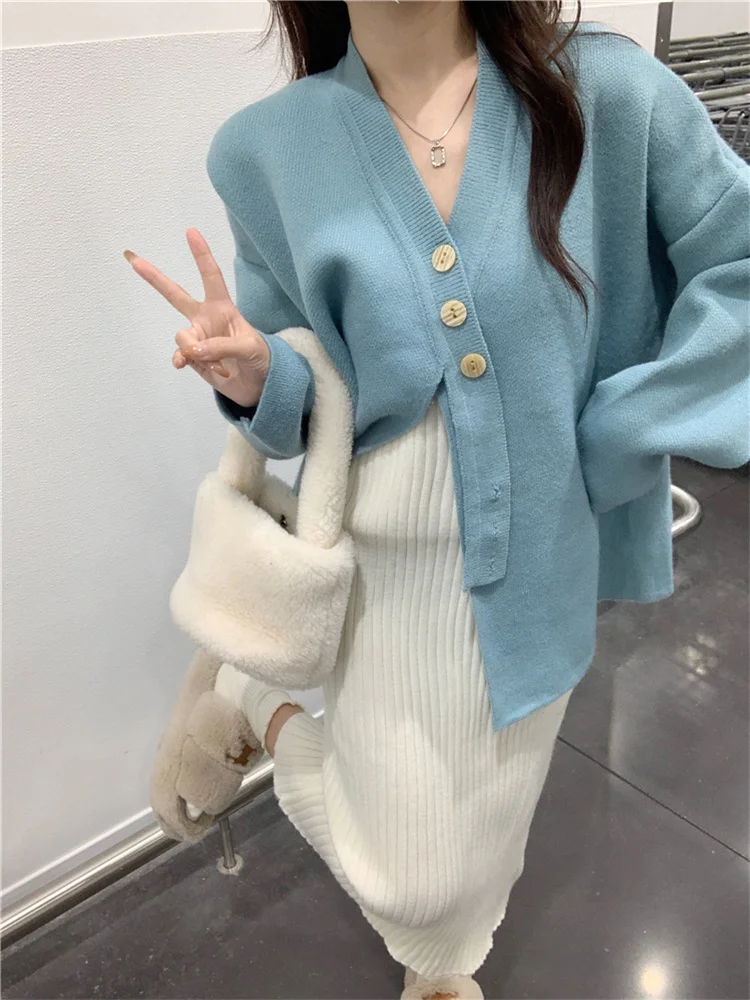 

Осенний Женский комплект из двух предметов, Свободный вязаный кардиган в стиле ретро с V-образным вырезом и облегающее платье, элегантные же...