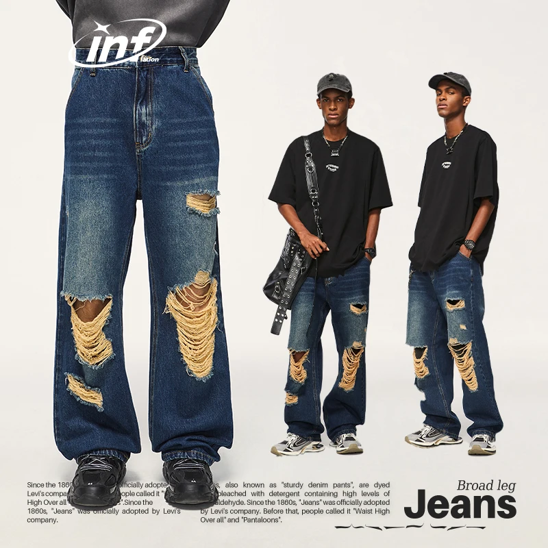 

INFLATION Retro Washed Ripped Wide Leg Jeans Men High Street Blue Distressed Baggy Denim Pants