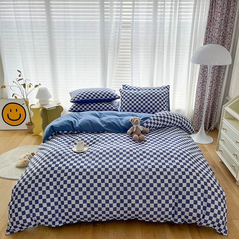 

4pcs Bedsheets Set with Pillows Case 2 Seater Duvet Cover Twin Size Bedding Linens Bedrooms Bedspreads for Double Bed Blue Grid