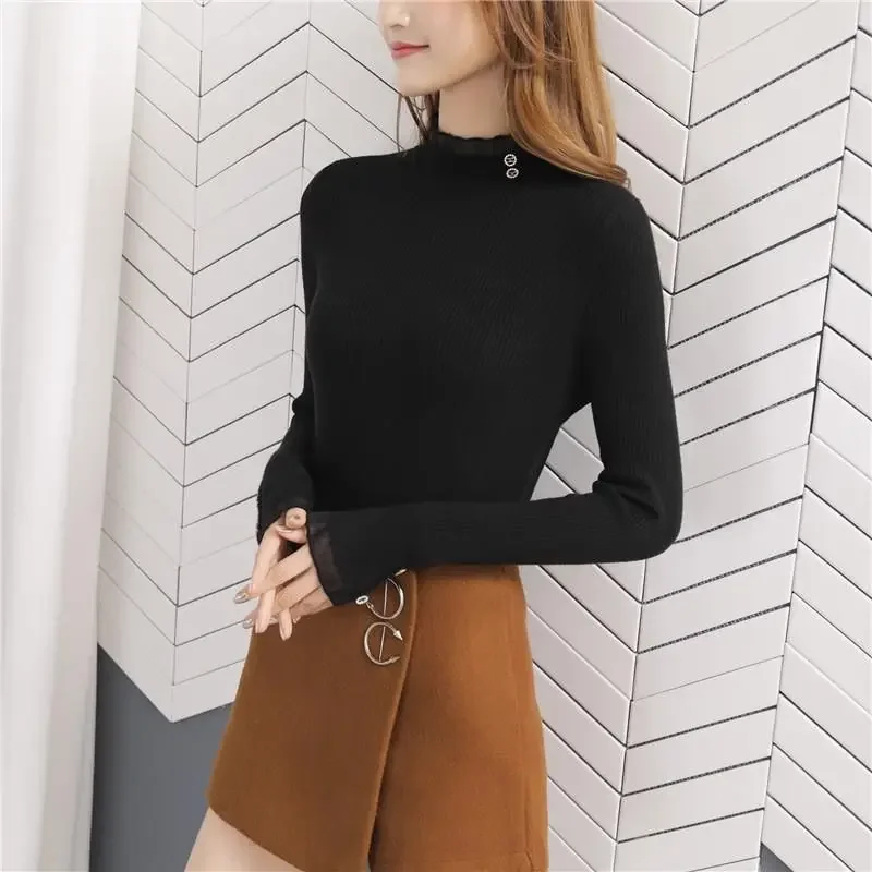 Женское осенне-зимнее Новое полуполо с высоким воротом и длинным рукавом вязаный