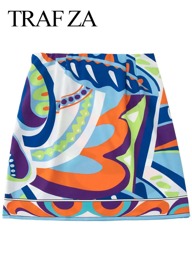 

TRAF ZA Lady Print Fashion Short Skirt Vintage Slim Sexy All-match Summer Elegant Bright Trend Women Clothing Zipper Streetwear
