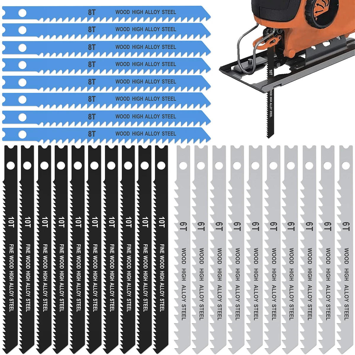 

25pcs Jig Saw Blade Set 6T 8T 10T HCS Assorted Saw Blades With U-shank Woodworking Jigsaw Blade Carpentry Tools Accessories
