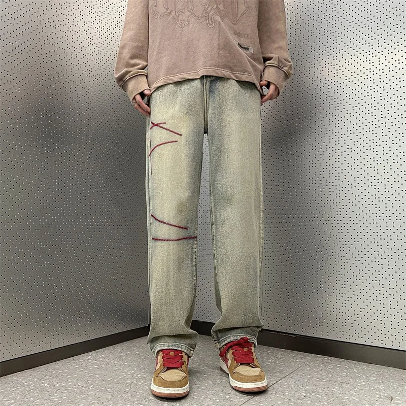 DEEPTOWN Embroidery Washed Jeans Black Blue Straight Leg Loose Casual Youth Denim Pants Streetwear Fashion Trousers Male Hip hop