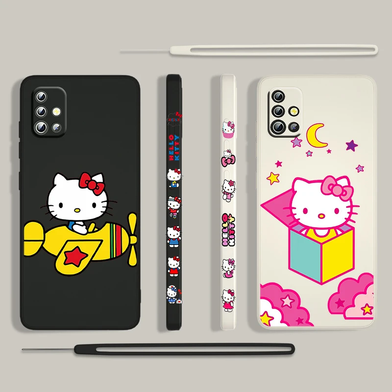 

Cute Anime HelloKitty Girl For Samsung Galaxy A73 A53 A33 A52 A32 A22 A71 A51 A21S A03S A50 5G Liquid Left Rope Phone Case Cover