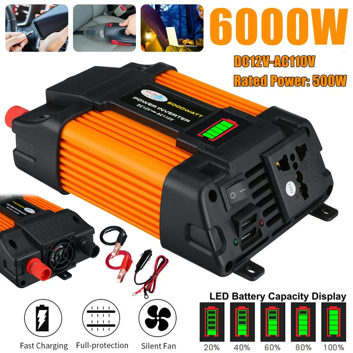

Автомобильный инвертор с 12 В постоянного тока на 110/220 В переменного тока, 4000 Вт/6000 Вт, светодиодный дисплей, многофункциональный преобразова...
