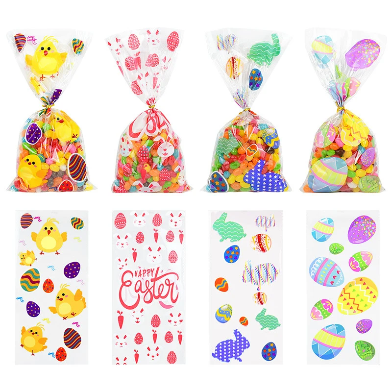 50Pcs Happy Easter Plastic Candy Bag Gift Pouch Cute Bunny Easter Eggs Packaging for Easter Gift Easter Decoration for Home