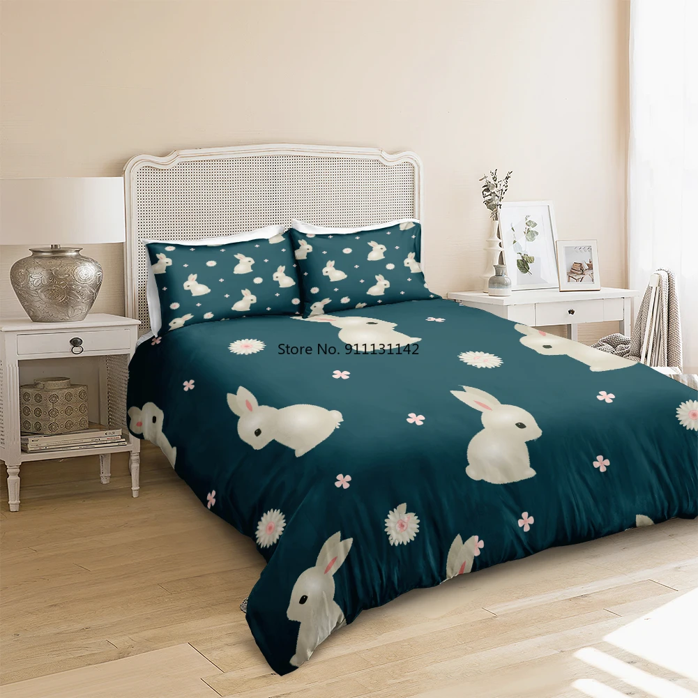 

Rabbit Bedding Set Cute Pet Animals Duvet Cover Set Blue Beds Set Bedclothes Bedspread Home Textiles Microfiber For Girls Kids