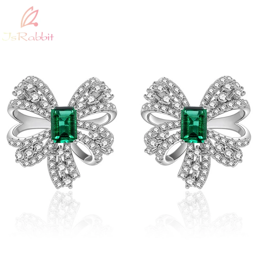 IsRabbit 18K Gold Plated 3EX 2CT Lab Grown Emerald Muzo Green Gemstone Bowknot Stud Earrings 925 Sterling Silver Luxury Jewelry