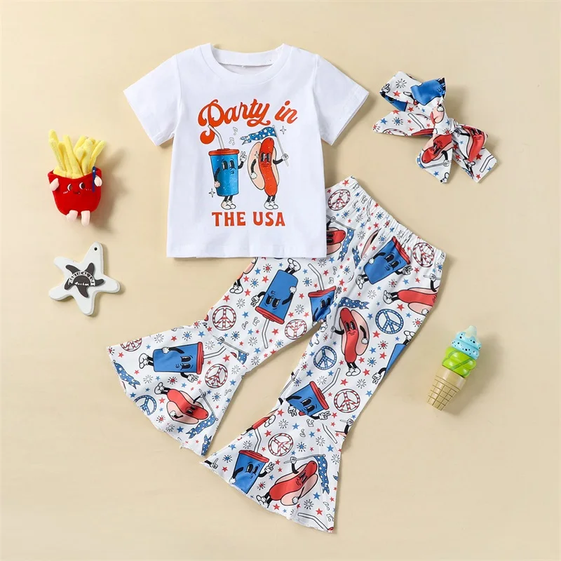 

Listenwind 6M-4Y Kid Girls Pants Set Letters Print T-shirt with Sausage Drinks Print Flare Pants and Headband