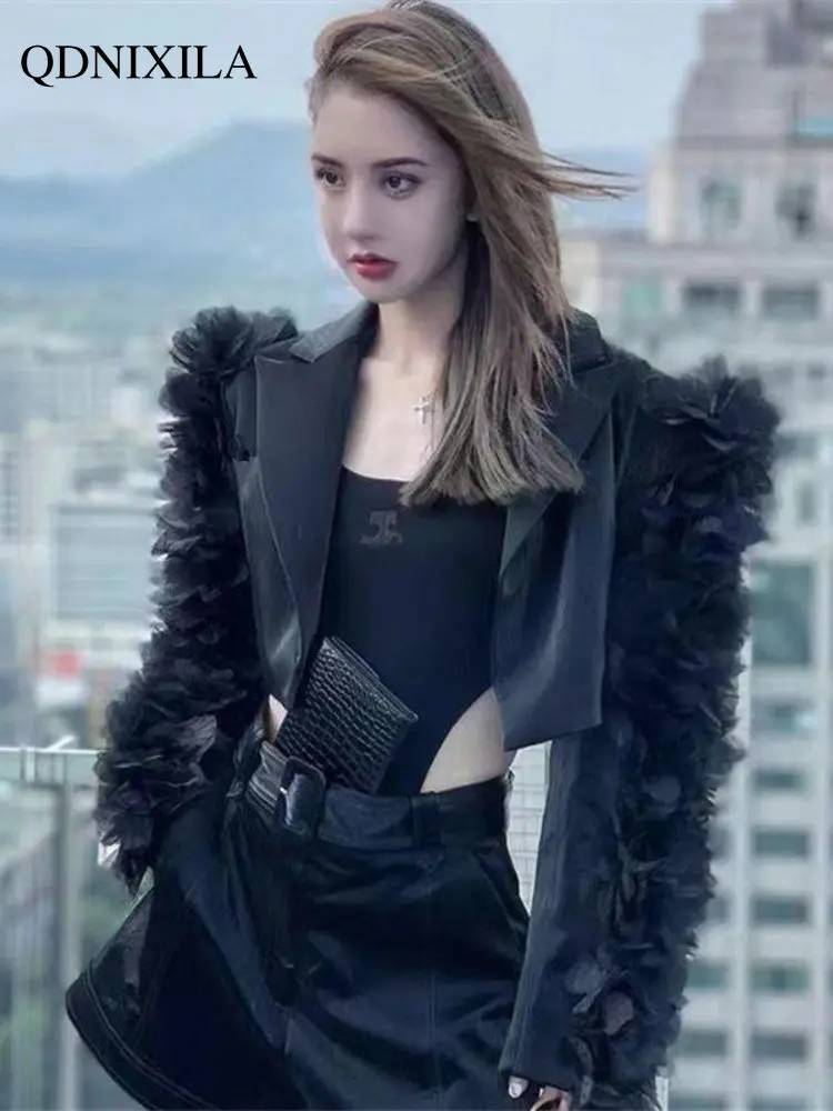 Leather Jacket Women Three-dimensional Flower Short Spring Jacket Women 2023 New Outerwear Women's Fashion Jackets Female Outer