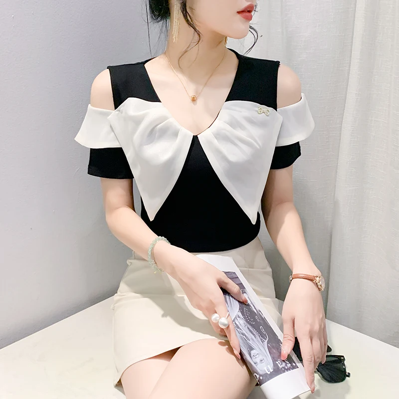 Европейские товары сочетающаяся Цвет Футболка с бантом и открытыми плечами