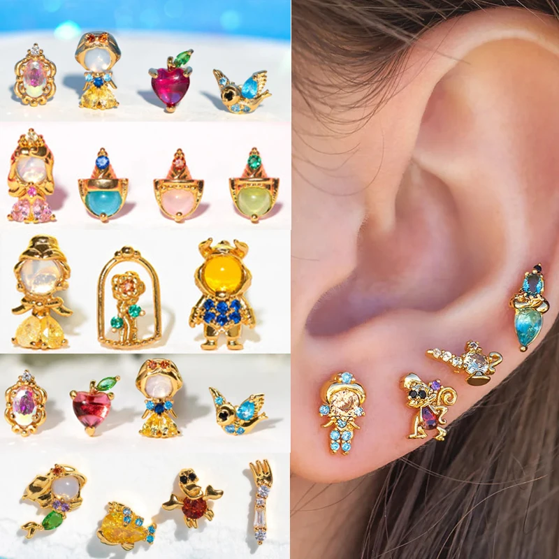 Disney Princess Series Snow White Mermaid Earrings Sweet Fashion Women Metal Jewelry Girls Birthday Gifts 4 Pieces