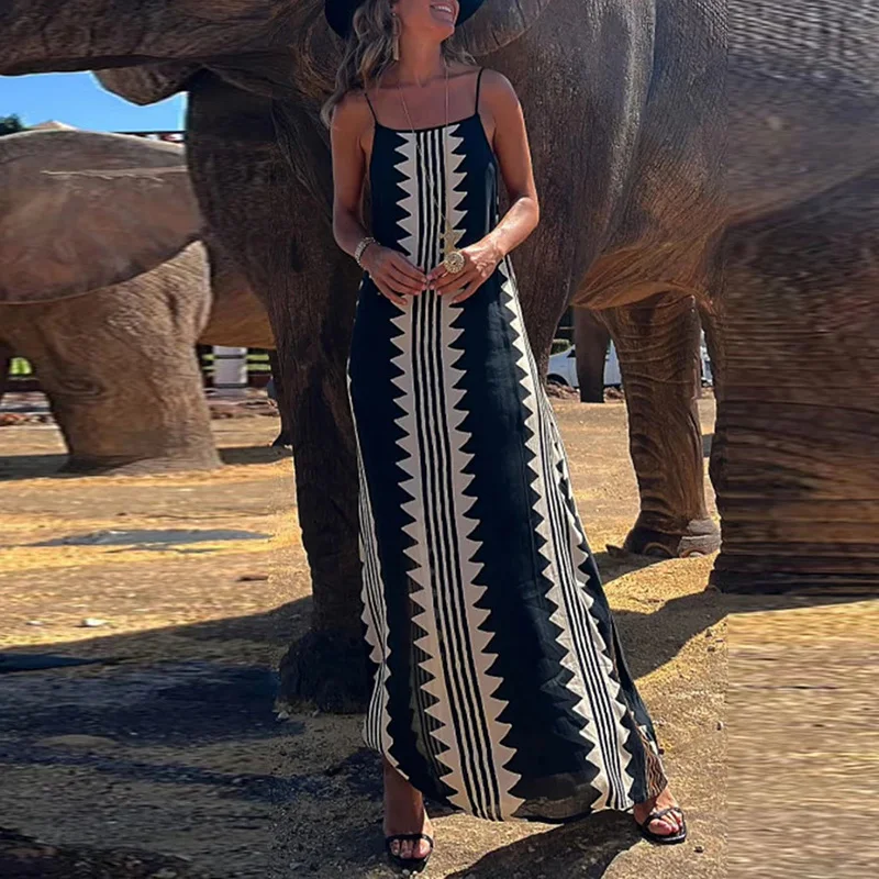 

Женское винтажное богемное платье макси, длинное ажурное платье с геометрическим принтом, квадратным вырезом и открытыми плечами на бретельках, весна-лето