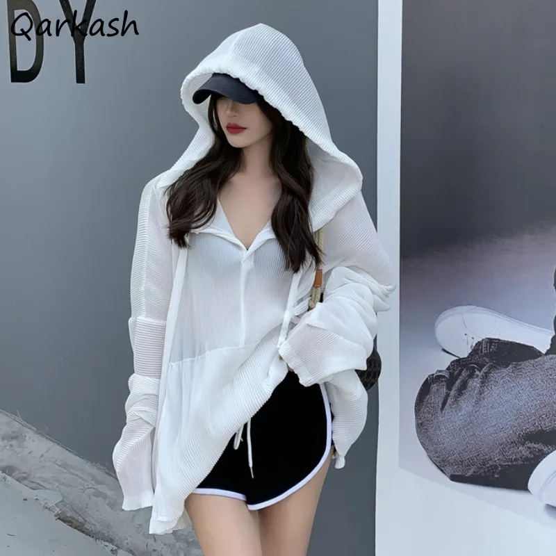 

Blouses Women White Loose Hooded Thin Summer Sun-proof Trendy Casual Tender Lazy Ulzzang Streetwear Cool Teens Females Блузки BF
