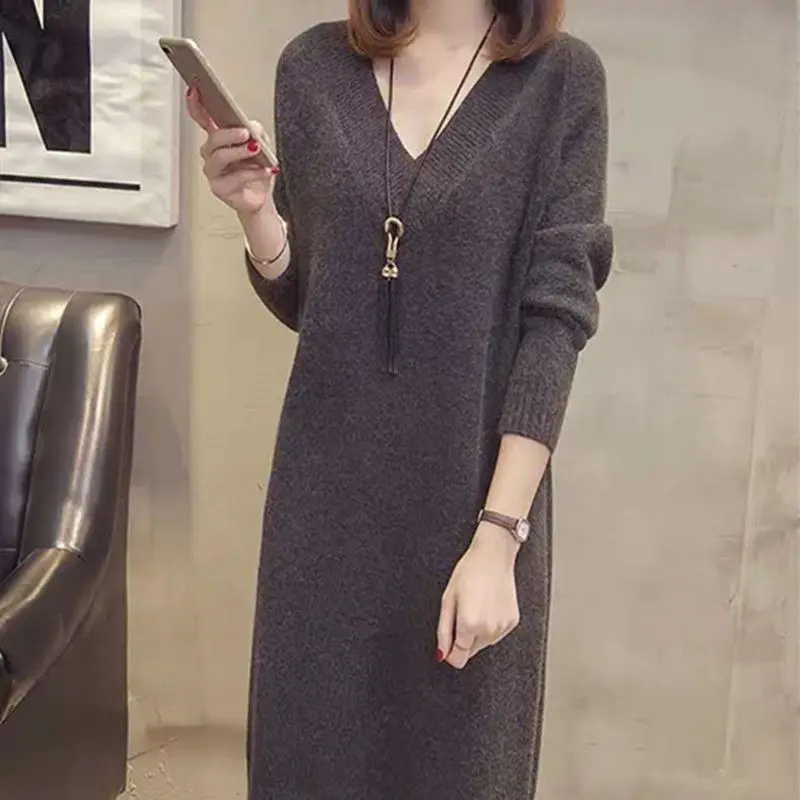 Round Collar Autumn Winter Twist Solid Color Knitting Casual Loose Long Dresses High Elasticity Package Hip Women's Clothing R44