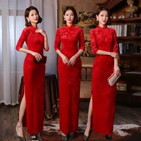 2022 chinese style long dress catwalk slim cheongsam women red qipao dress cotton wedding party hanfu summer free shipping
