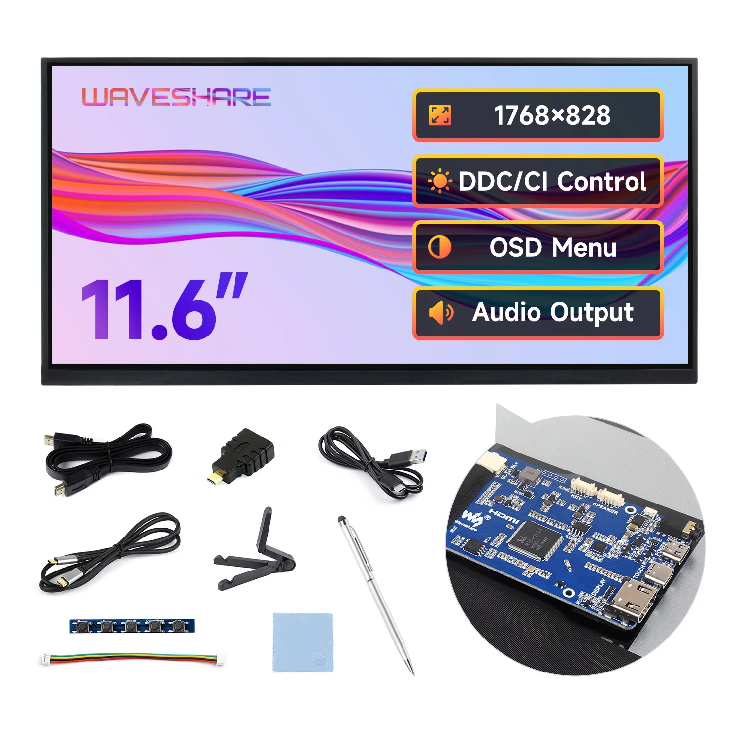 Емкостный сенсорный дисплей Waveshare 11 6 дюйма технология In-Cell 1768 × 828 178 ° HDMI/Type-C