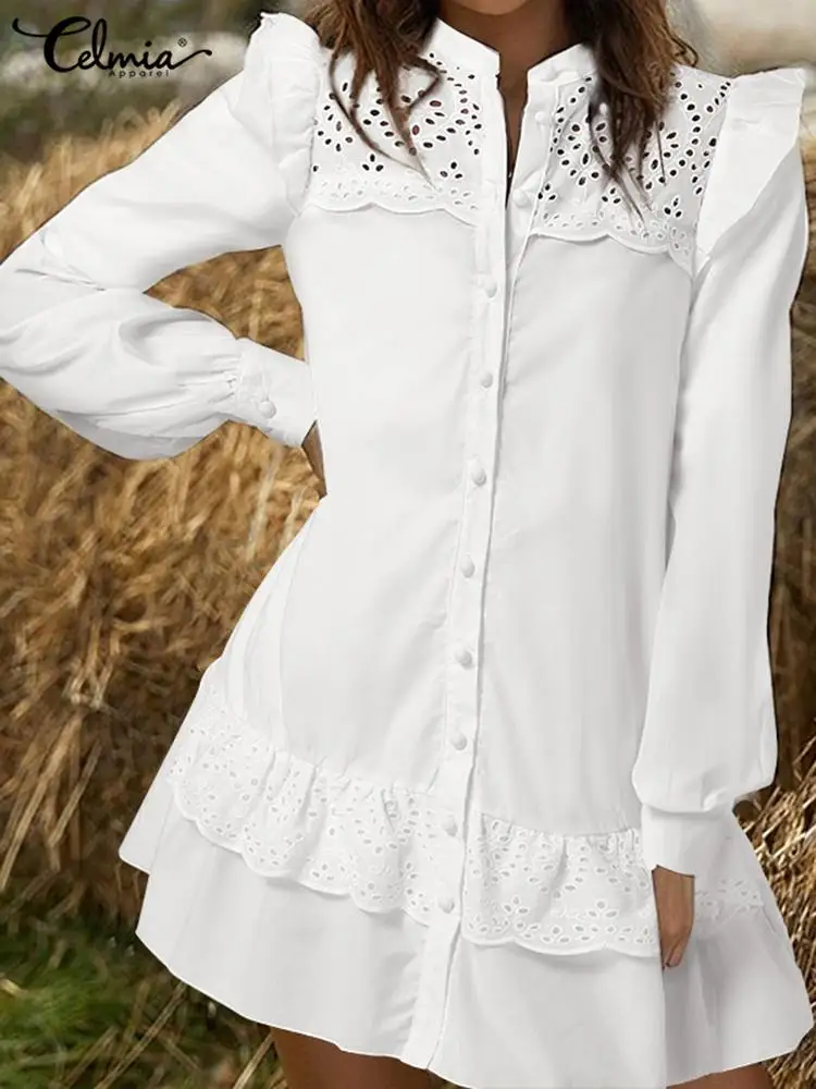 

Celmia Summer Women Robe Holiday Butto Up Lace Stitching Ruffled Hem Mini Vestidos Elegant Casual Loose Long Sleeve White Dress