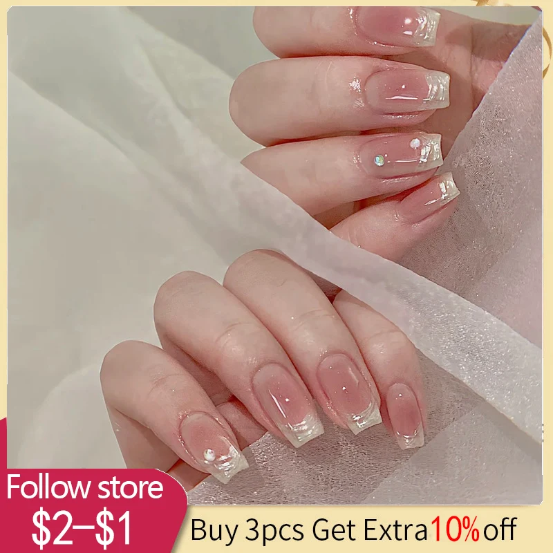 

24pcs Coffin False Nails With Diamond Decor For Women Girl Fashionable Manicure Set Wearable Press On Fingernail Tips