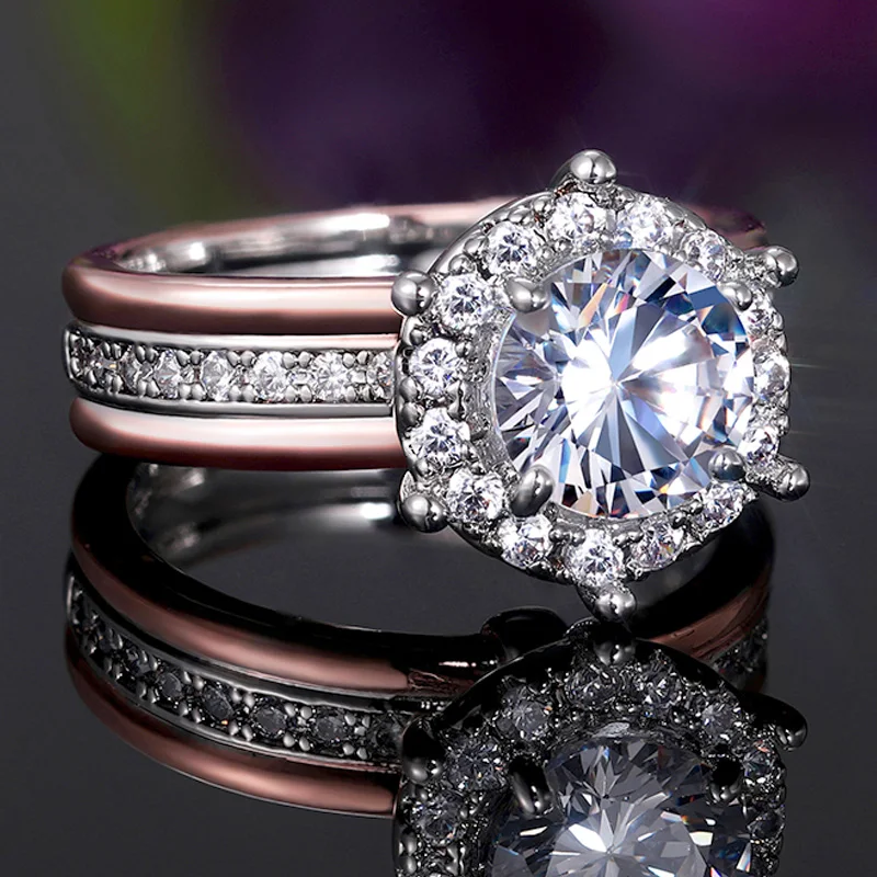 

Huitan Romantic Two Tone Design Women Wedding Rings Big Round Zirconia Crystal Proposal Engage Ring Fashion Jewelry Dropshipping